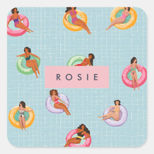 Gepersonaliseerde Zomer Vrouwen Ontspannen Op Zwem Vierkante Sticker