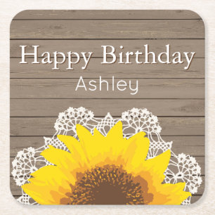 Gepersonaliseerde zonnebloem, kant en hout vierkante kartonnen onderzetter