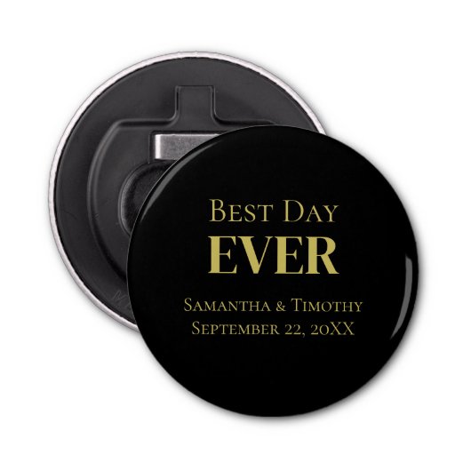 Gepersonaliseerde zwart goud beste dag ooit bruilo button flesopener (Voorkant)