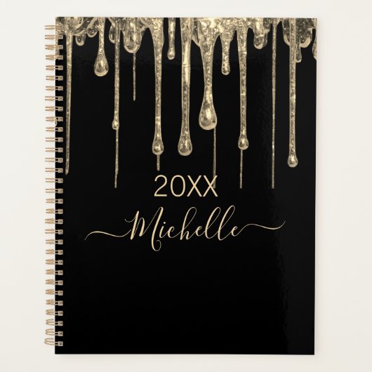 Gepersonaliseerde Zwart Goud Glitter Monogram Naam Planner (Voorkant)