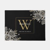 Gepersonaliseerde zwart gouden monogram bloemige R Deurmat (Voorkant)