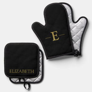 Gepersonaliseerde Zwart & Gouden Oven Mitt en Pot Ovenwant & Pannenlap Set
