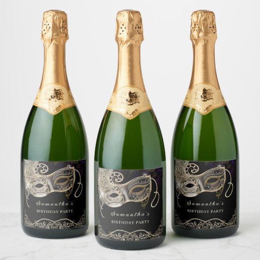 Gepersonaliseerde zwart gouden Paarse Masquerade P Sparkling Wijnetiket (Flessen)
