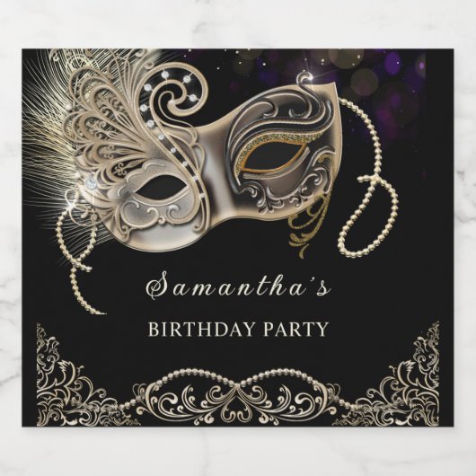 Gepersonaliseerde zwart gouden Paarse Masquerade P Sparkling Wijnetiket (Enkel label)