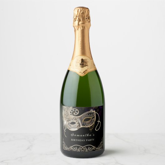Gepersonaliseerde zwart gouden Paarse Masquerade P Sparkling Wijnetiket (Voorkant)