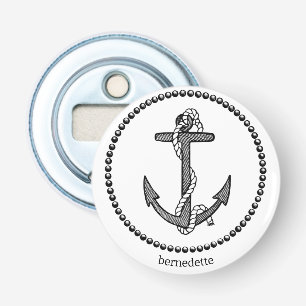 Gepersonaliseerde zwart op witte schip anker button flesopener