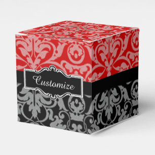 Gepersonaliseerde zwart rood & wit damast gunstbox bedankdoosjes