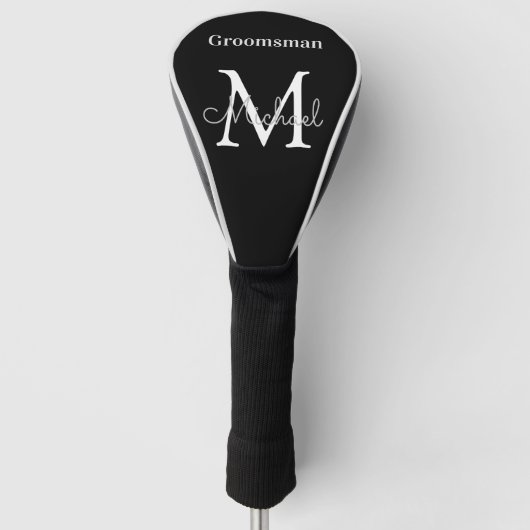 Gepersonaliseerde zwart wit bruidsjonker monogram golfheadcover (Voorkant)