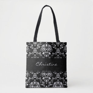 Gepersonaliseerde zwart-wit damast tote bag