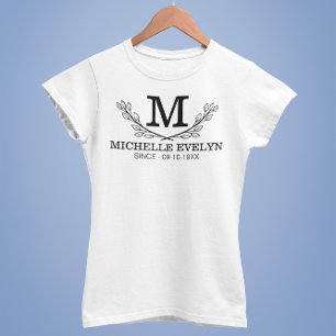 Gepersonaliseerde zwart-wit naam monogram leeftijd t-shirt