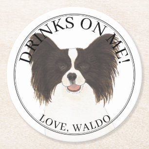 Gepersonaliseerde Zwart & Wit Papillon Hond bruilo Ronde Kartonnen Onderzetter