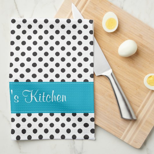 Gepersonaliseerde zwart wit Polka dot blauw Theedoek (Quarter Fold)