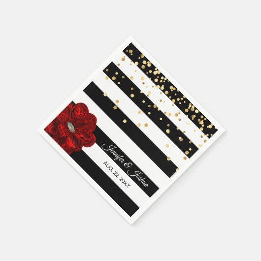 Gepersonaliseerde Zwart Wit Rode Rozen Gouden Huwe Servetten (Hoek)