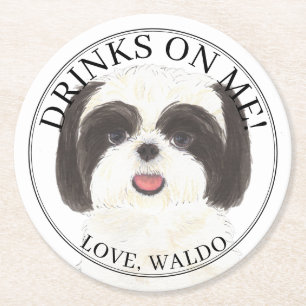 Gepersonaliseerde zwart-wit Shih Tzu Hond bruiloft Ronde Kartonnen Onderzetter