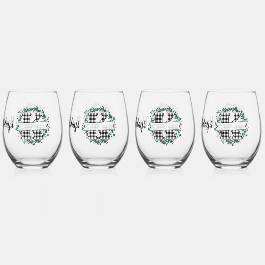Gepersonaliseerde zwart-witte Buffalo Plaid (K) Wijnglas Zonder Voet (Achterkant)