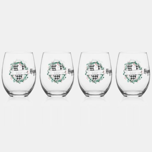 Gepersonaliseerde zwart-witte Buffalo Plaid (V) Wijnglas Zonder Voet (Voorkant)