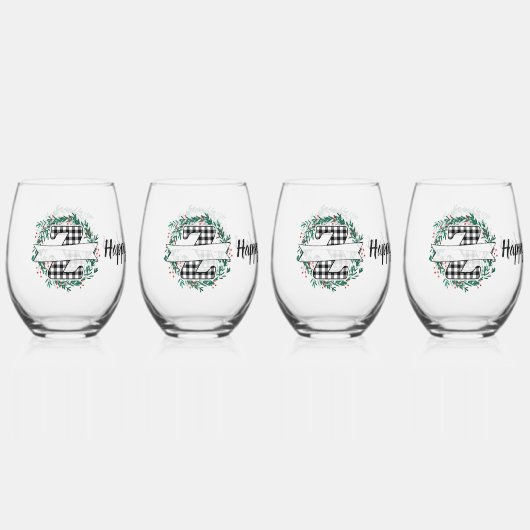 Gepersonaliseerde zwart-witte Buffalo Plaid (Z) Wijnglas Zonder Voet (Voorkant)