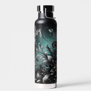 Gepersonaliseerde zwarte en Blauwgroen glitterbloe Waterfles