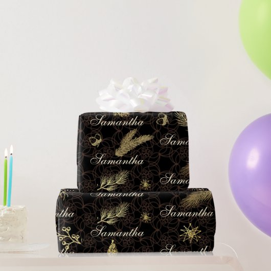 Gepersonaliseerde, zwarte en gouden kerstcadeauver cadeaupapier (Feestgeschenken)