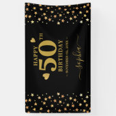 Gepersonaliseerde zwarte en gouden sterren 50e ver spandoek (Verticaal)