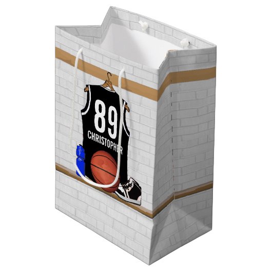 Gepersonaliseerde zwarte en witte Basketball Jerse Medium Cadeauzakje (Voorkant Gekanteld)