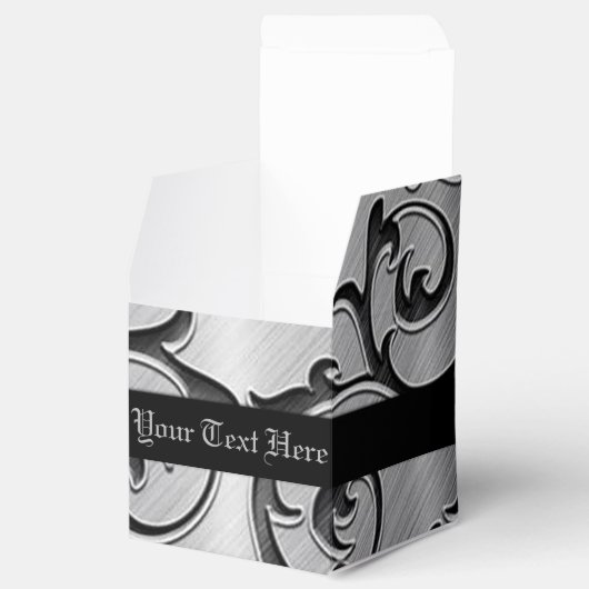 Gepersonaliseerde zwarte en zilverpatroondoos bedankdoosjes (Geopend)