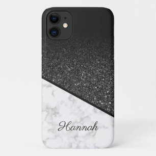 Gepersonaliseerde zwarte glitter - wit marmer iPhone 11 hoesje