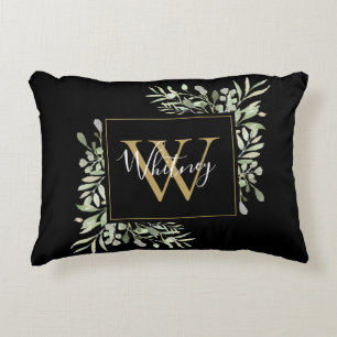 Gepersonaliseerde zwarte goudmonogram Greenery Flo Accent Kussen