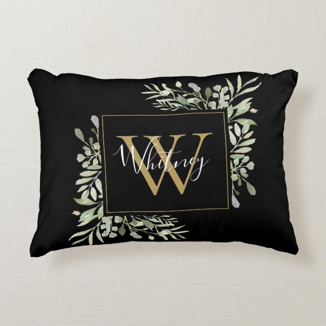 Gepersonaliseerde zwarte goudmonogram Greenery Flo Accent Kussen (Voorkant)
