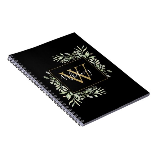 Gepersonaliseerde zwarte goudmonogram Greenery Flo Notitieboek (Rechterzijde)