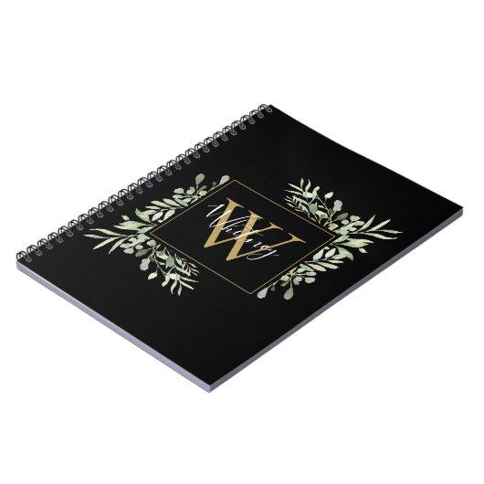 Gepersonaliseerde zwarte goudmonogram Greenery Flo Notitieboek (Linkerzijde)