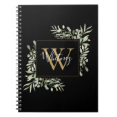 Gepersonaliseerde zwarte goudmonogram Greenery Flo Notitieboek (Voorkant)