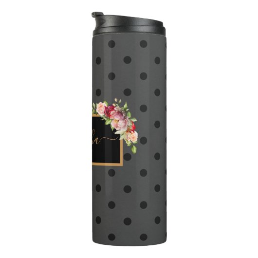 Gepersonaliseerde zwarte haarstaart en Rozen monog Thermosbeker (Geroteerd rechts)