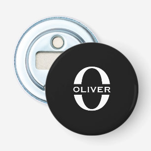 Gepersonaliseerde zwarte monogram en witte naam button flesopener