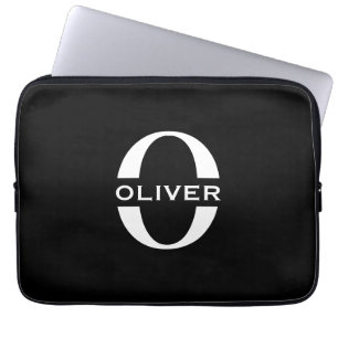 Gepersonaliseerde zwarte monogram en witte naam laptop sleeve