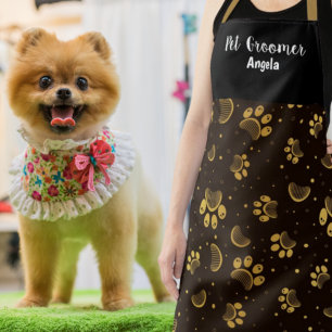 Gepersonaliseerde zwarte Pet Groomer Gold Paw Schort