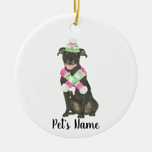 Gepersonaliseerde Zwarte Pitbull Staffy Roze Groen Keramisch Ornament (Voorkant)