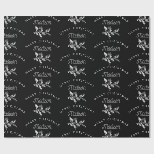 Gepersonaliseerde zwarte retro Merry Christmas Mon Cadeaupapier (Vlak)