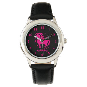 Gepersonaliseerde Zwarte & Roze Meisjes Eenhoorn P Horloge