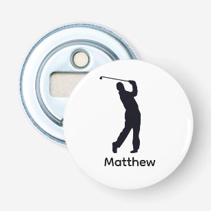 Gepersonaliseerde zwarte Silhouette Male Golfer Button Flesopener