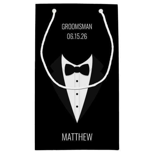 Gepersonaliseerde zwarte Tuxedo bruiloft Groomsmen Klein Cadeauzakje (Achterkant)