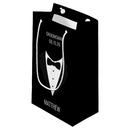 Gepersonaliseerde zwarte Tuxedo bruiloft Groomsmen Klein Cadeauzakje (Voorkant Gekanteld)