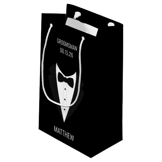 Gepersonaliseerde zwarte Tuxedo bruiloft Groomsmen Klein Cadeauzakje (Achterkant Gekanteld)