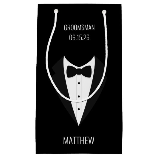 Gepersonaliseerde zwarte Tuxedo bruiloft Groomsmen Klein Cadeauzakje (Voorkant)