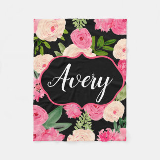 Gepersonaliseerde zwarte Waterverf Flowers Blanket Fleece Deken