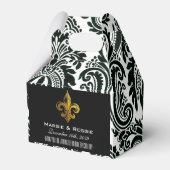 GEPERSONALISEERDE ZWARTE WIT EN GOLD FLEUR DE LIS BEDANKDOOSJES (Voorkant Zijde)