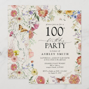 Geperst Bloemen 100ste Verjaardagsfeestje Elegant Kaart