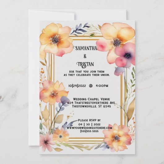 Geperste Bloem Waterverf Gouden Trim Bruiloft Kaart (Voorkant)