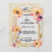 Geperste Bloem Waterverf Gouden Trim Bruiloft Kaart (Voorkant / Achterkant)