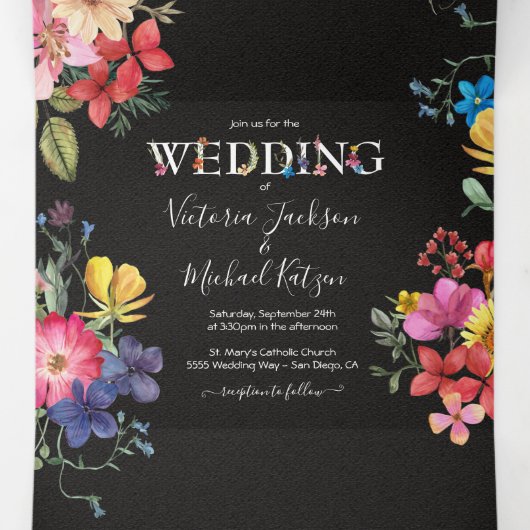 Geperste bloemen Donker Moody bruiloft Drieluik Uitnodiging (Binnenkant midden)